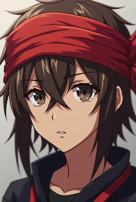 Young adult male brown hair anime with red bandage on his head under his medium thick hair and serious look
