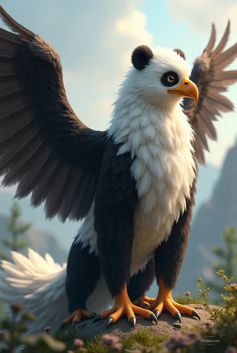 Griffin-Panda Fusion: Imagine a powerful griffin, but instead of a lions body, it has the playful, black-and-white fur and face of a panda. The eagle wings retain their majestic form, blending seamlessly into the soft panda fur.