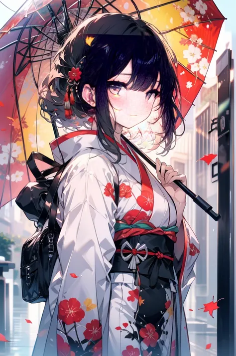 ((masterpiece,High resolution,8K quality,Highest quality))、One Girl,((Highly detailed face))、woman、Delicate eyes、((Crimson Eyes))、((Hairstyle:Straight and long,Black-haired,Hair exposed to light turns dark red))、red classic pattern ribbon、Deep orange class...