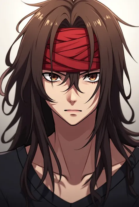 Young adult male long brown hair anime with red bandage on his head under his medium thick hair and serious look
