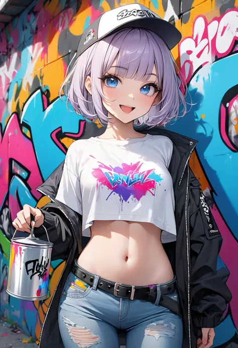 ((best quality)), ((Masterpiece)), (details), 1 woman, small breasts, light purple hair, blue eyes, ((short hair)), Bangs , Beautiful face, Beautiful skin, Long eyelashes, Thick eyelashes,  eye shadow, cap, Oversized Pop Jacket, Mini Underboob Tee, open th...