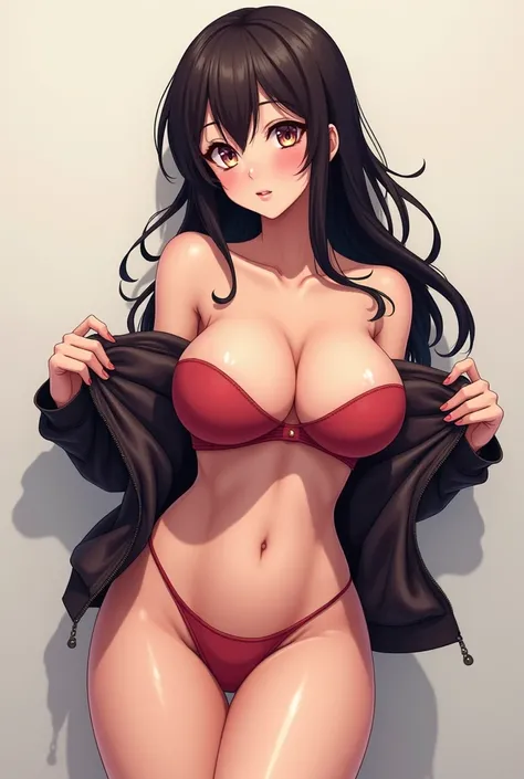 Very hot anime girl taking off her jacket to show off her sexy and giant tits