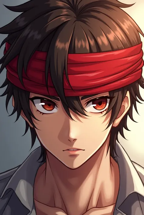 Young adult male with short long brown hair anime with a red bandage on his head under his medium thick hair and a serious look
