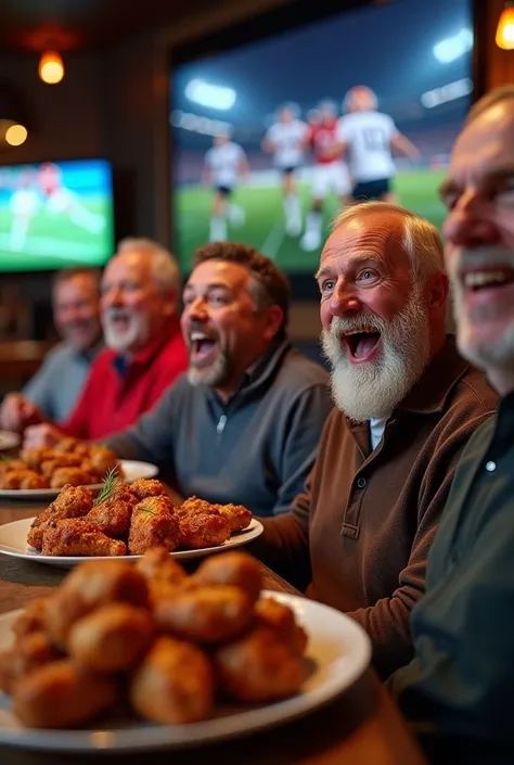 Men watch NFL and eat delicious chicken. They are happy about winning sports bets.