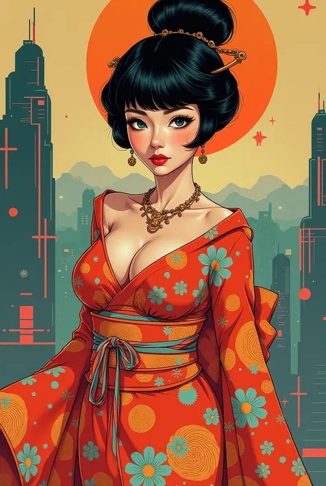 The masterpieces of Hanna Hoch and Moebius, Create creative, futuristic, space-age, modern abstract art., Fun and bright, Like a collage, Collage,, Kimono girl, sexy, seductive, big breasted, charming, Inspired by the artwork of Moebius and Hanna Hoch (No ...