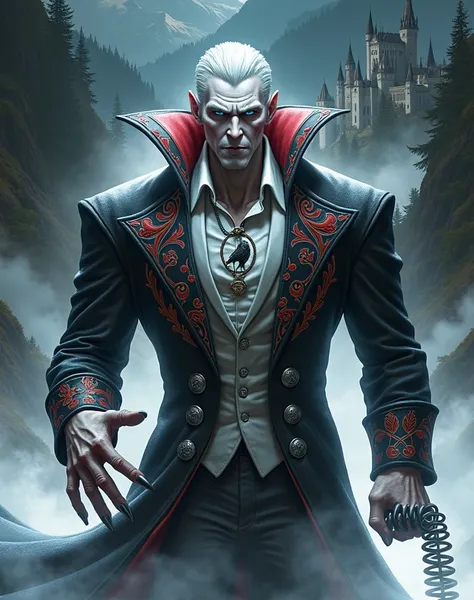 a vampire, tall, pale as marble, with steel blue eyes, wearing a long black coat, decorated with a barely visible black eagle on the back. Silver buttons and red and gold embroidery decorate it. An old pocket watch hangs on his chest, in the hand a black m...