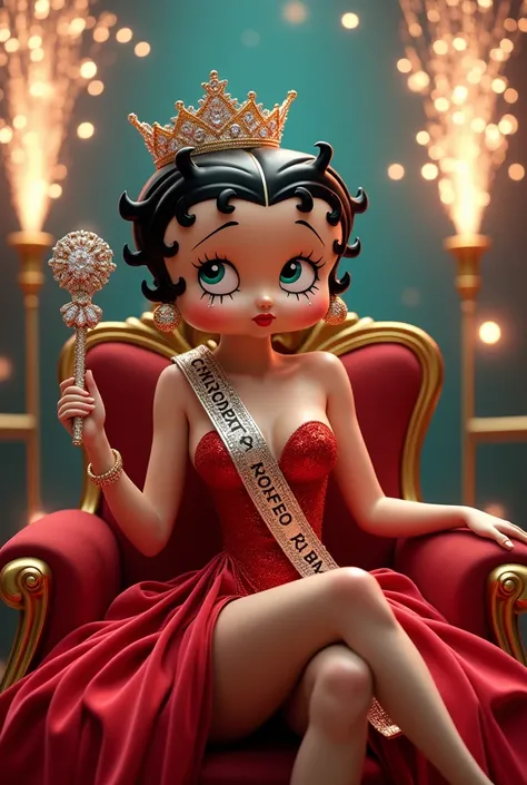 Betty boop，beauty queen，Posterior crown，Champion shoulder strap，Holding a diamond scepter，坐在beauty queen椅，Stage fireworks￼