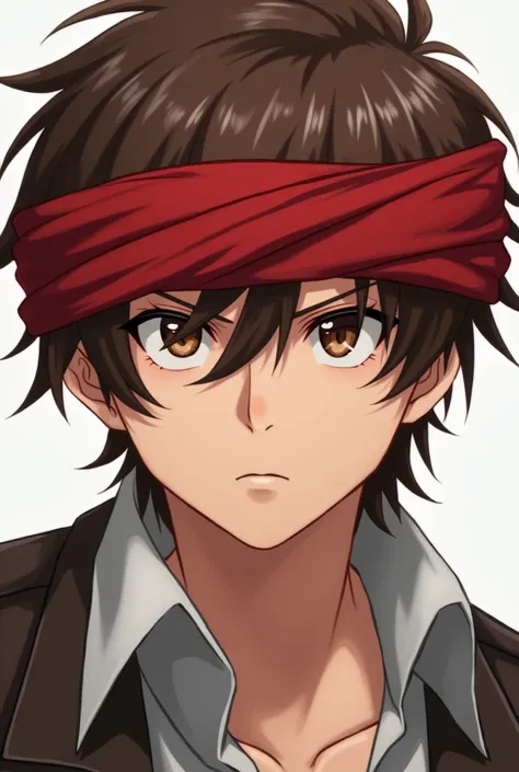 Young adult male with short long brown hair anime with a red bandage on his head under his medium thick hair and a serious look
