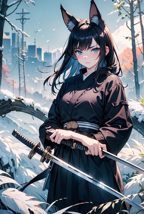 Dark haired girl with fox ears and tail. Blue eyes. Indifferent expression on the face, A mole under the lip. holding a katana in his hand. Dressed in black and white