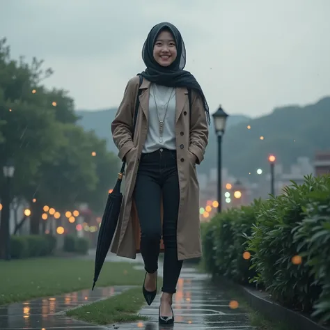 A university hijab cool korean girl wearing white shirt , fashionable tunic dress, black top jeans, high heals. Umbrella. Smiling. Many Flying fireflies. walking in the night rain  and deep inside his thoughts. She walked on the sidewalk, decorated with co...