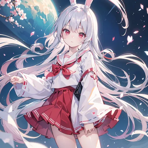 kawaii, anime, Cute, hyper quality, highly detailed, 8k, Clarity, Draw facial expressions in detail, red eyes, silver hair, bright, highlight on eyes, Its bright outside, have a bag, put on bunny ears, Moe sleeves, wear a sailor suit, expose the whole body...