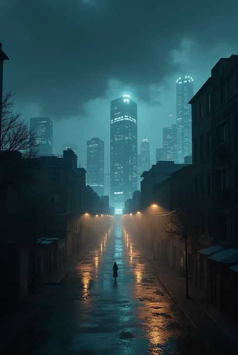 A wide view of the city at night, with rain-soaked streets and shadowy alleys. The lights of the skyscrapers reflect in puddles, and dark clouds hover over the skyline. The mood is ominous and foreboding, symbolizing the dangers Tara and Abhay are about to...