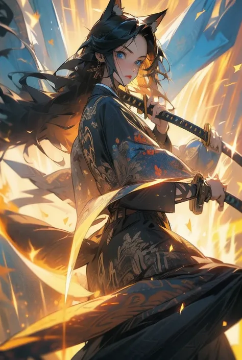  Girl with long dark hair, fox ears and tail. Blue eyes. Indifferent expression on the face, A mole under the lip. holding a katana in his hand. Dressed in black shorts and a T-shirt