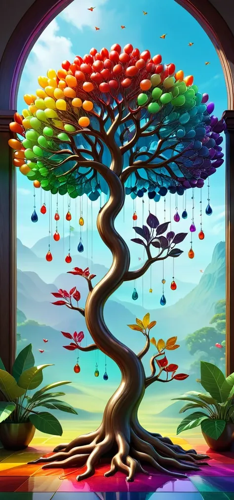 stained glass style，(A mythical colorful rainbow ginseng fruit tree with many transparent doll-shaped fruits hanging on its branches, rainbow colors)，Plants covered in rainbow liquid, Cute 3d rendering, Rendered in Cinema 4D Octane, blender art, Cinema 4D ...