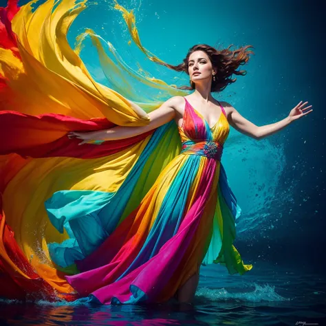 a woman in a colorful dress dancing in the water with her arms outstretched and her hands out to the side, Alberto Seveso, art photography, mystical colors, a photorealistic painting,UHD,realistic 


