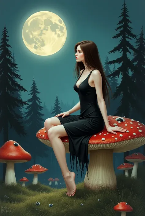 Realism style drawing Fairy with white skin and a slightly voluptuous body Chocolate colored hair, straight and long Wearing a simple black dress Sitting on a giant mushroom with a red head and several human eyes scattered across it The background should b...