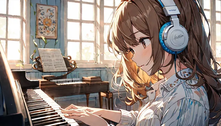 background：Simple piano room、A soft light shines through the window。  
expression：集中して真剣なexpression。  
Costume：Casual shirt and pants。  
Pause：Sitting at the piano、Playing with fingers on the keyboard。  
scene：Immersed in piano practice alone、Time for deep...