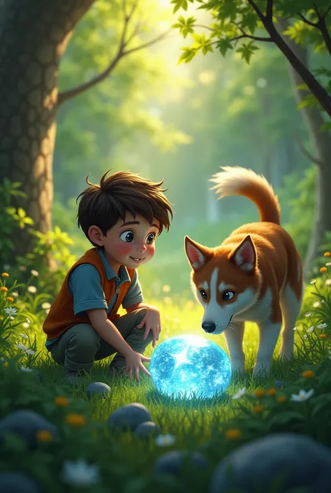 


: Finding the Sparkling Stone

Prompt: "The boy and his dog discovering a shiny, sparkling stone hidden in the grass. The boy looks excited and the dog is curiously sniffing the stone."


