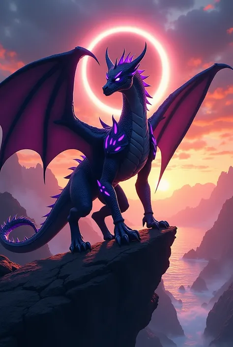 A muscular, anthropomorphic dragon with dark scales and vibrant purple features dragon with outstretched wings atop a cliff. Its head is elongated, adorned with spiky purple hair, and its gaze is intense. The body is covered in a sleek, dark armor-like tex...