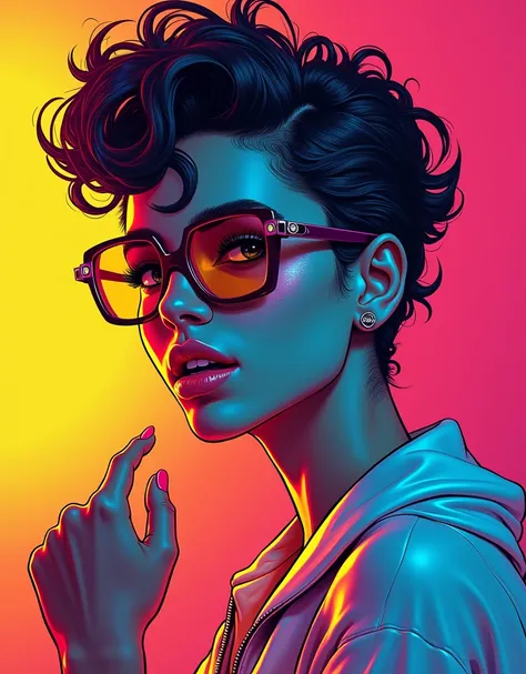 a vibrant pop art style portrait, colorful gradient background, high contrast, comic book style, dynamic composition, vivid colors, striking visual elements, creative digital art, imaginative character design, dynamic poses, dramatic lighting, stylized dig...