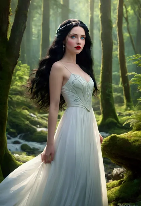 A beautiful young woman with long flowing black hair, porcelain skin, bright red lips, and piercing blue eyes, wearing a flowing white dress, standing in a lush green forest surrounded by tall trees, snow-covered mountains in the background, magical and wh...