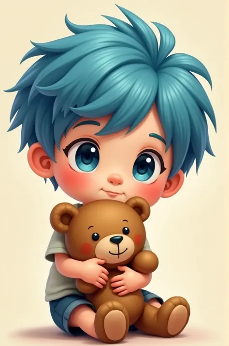 Draw a boy with blue hair holding a teddy bear in SD picture.