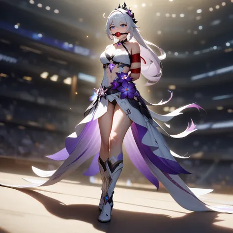 1girl,kaslana kiana,(herrscher of finality), honkai impact 3, rope bondage, full body,  gagged, ballgag, rope, hands behind back,tied white boots, masterpiece, highly aesthetic, photorealistic, 8k, ultra-detailed, cinematic lighting, dramatic shadows, intr...