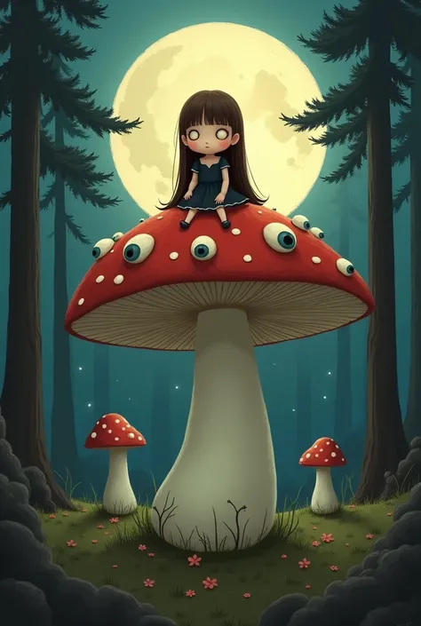 2D style drawing Chubby white skinned fairy Chocolate colored hair, straight and long Wearing a simple black dress Sitting on a giant mushroom with a red head and several human eyes scattered across it The background must be a pine forest It must be night ...