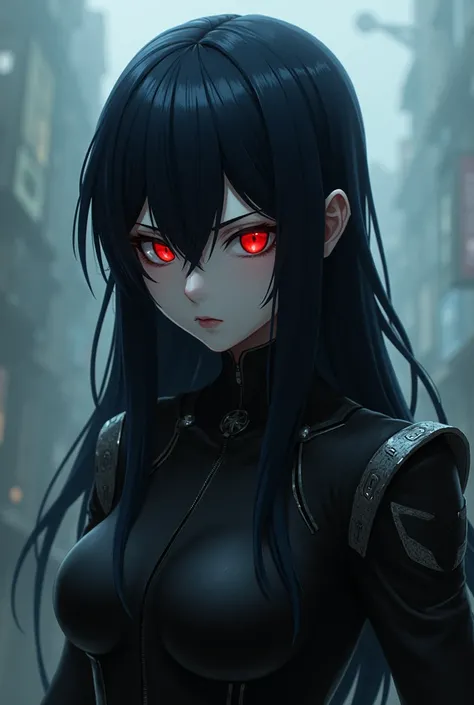 BNHA female black hair red eyes cold face