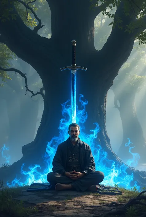 A samurai meditating under the tree where  his katana is pierced into the ground the katana should have blue flames and pierced into ground