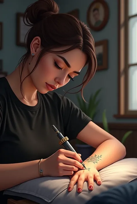 A tattoo artist from Sydney drawing a minimalist tattoo on a woman’s hand