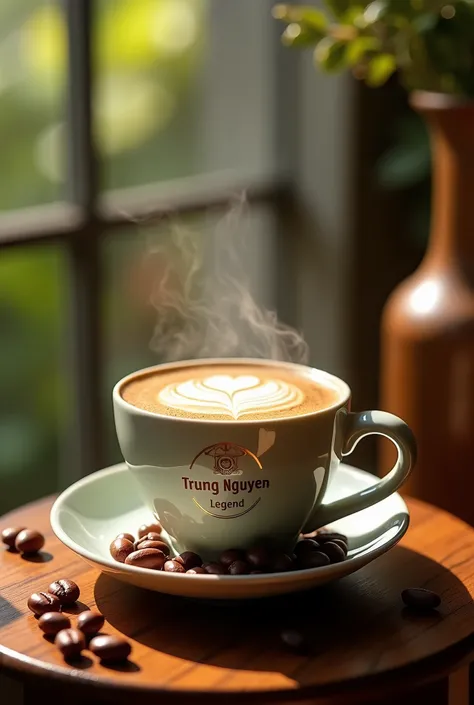 Inspired by Roycie about a perfect cup of coffee, a stunning surreal double exposure photo, super sharp, extremely beautiful and attractive from every angle of the perfect cup of coffee, a high-class ceramic coffee cup, with the embossed logo "Trung Nguyen...