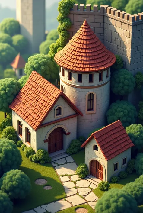 Ancient Roman Houses, best quality, fantasy, Isometric, Norin style (Miniature brick round tower:1.2), Tree, Stone Wall, (Simple background:1.2)