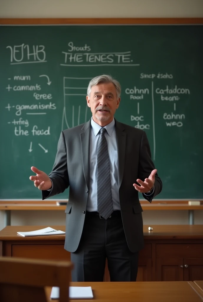 Generate an thumbnail image for YouTube video on lecture of English Tenses. In that a teacher is teaching on the black board. On left side of image write "English Tenses"