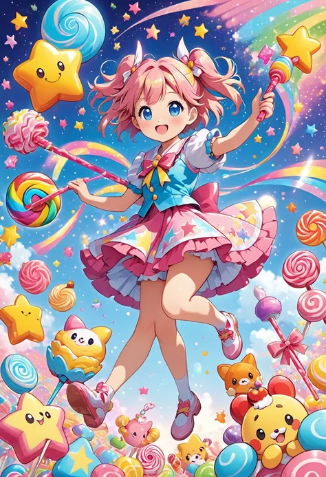 Magical girl twirling in the air, colorful star gradients from their fingertips, magic sticks, cute mascot sidekicks, and colorful sweets that pop,