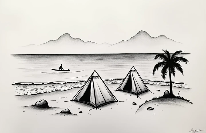 "A black work style tattoo depicting a tranquil beach scene. In the background, a simple horizon where the ocean meets the sky. On the shore, three small tents, stylized with clean, detailed lines. Some simple natural elements like a couple of palm trees, ...