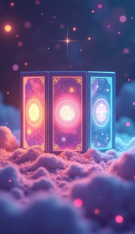 three tarot cards, straight, horizontal alignment, side by side, in the center, colorful cosmic background, playful stars, cute galaxies, dreamy sparkles, pastel tones, vibrant lights, soft glow, whimsical atmosphere, fun and mystical vibes, trendy design