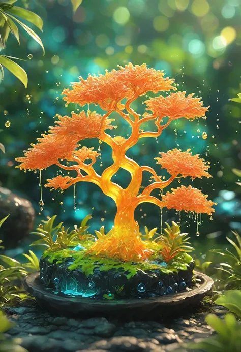 best quality, very good, 16K, ridiculous, Extremely detailed, Cute slime tree，The horns are made of translucent boiling lava, Background grassland（（A masterpiece full of fantasy elements）））， （（best quality））， （（Intricate details））（8k）