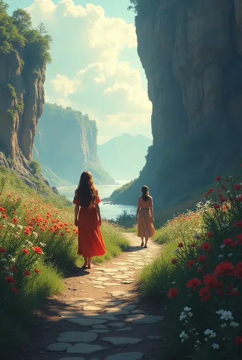 A path splits to the left and right. A woman can be seen on the left path, walking towards a flower meadow. On the right path a woman can be seen, which is heading towards a dark dangerous cliff