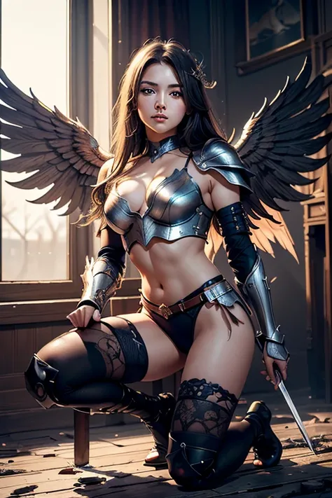 (masterpiece), (Highest quality), (1 girl), (最高masterpiece)，Goddess of War, Cool pose, Battlefield Background, Flame Background, Winged Armor，Sword in right hand，Messy Hair, A chest is visible through the broken armor., Tattered clothes,Get down on one kne...