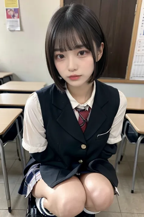 A highly detailed, 8K resolution RAW color photograph of a Japanese schoolgirl with a short bob haircut, black hair color, and a very large, round, and beautiful bust. She has exquisite, detailed facial features including beautiful eyes, nose, and lips, wi...