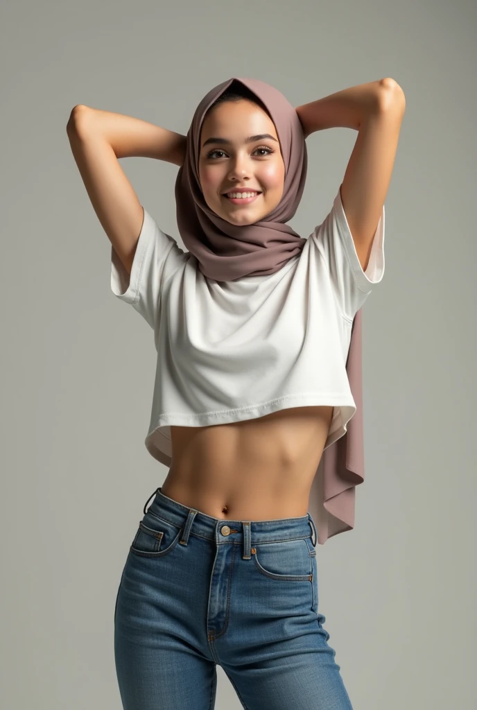 A hijab girl, arms up in the air, t shirt lifted, soft stomach, low waist jeans