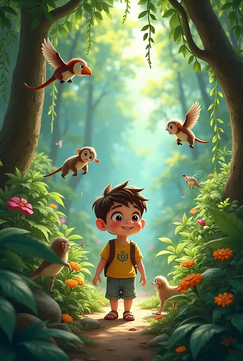 Background should be jungle with animals with  kid 