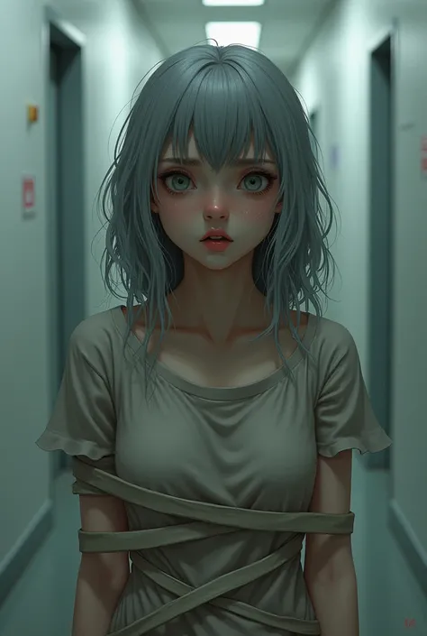 Drawing of a girl with gray hair, in tears, in a mental hospital, straitjacket