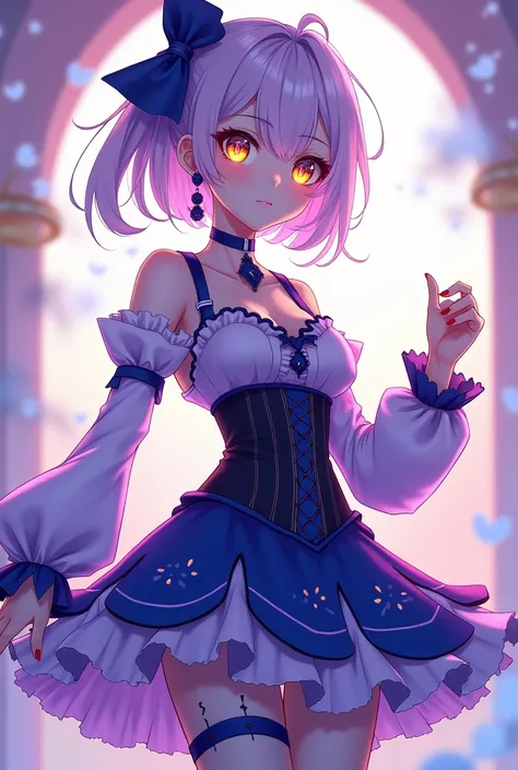 Female genshin oc, pastel purple ad navy blue color scheme, ombre eyes that go from neon yellow to pastel purple, frilly skirt, emilie genshin impact, black swan honkai star rail, leggings, corset, navy blue details, asymmetric haircut, no hair accessories...