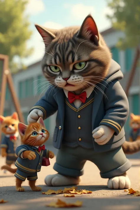 Create photorealistic image of A cat wearing school uniform stands in a schoolyard, towering over a smaller, nervous kitten wearing school uniform.cat swipes kittens lunchbox, knocking it to the ground, while other kittens stand at a distance, watching in ...