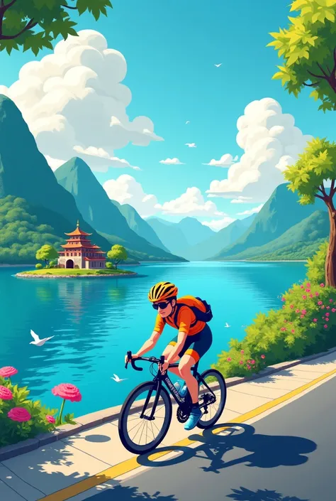 Cartoon-style Sun Moon Lake in Taiwan. On the roadside, you can ride a road bike. There is a small uninhabited island in the lake. Far away from the lake, there is a Chinese-style Wenwu Temple halfway up the mountain.