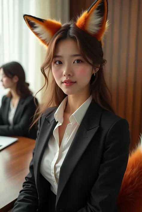 ((la plus haute qualité, 8k)), ((head of&#39;artwork)), (highest resolution), visage parfait, Woman with fox ears, University student, lovely woman, Photographié lors de la réunion de bureau, une seule queue, She has thick thighs, His big fox tail, His yel...