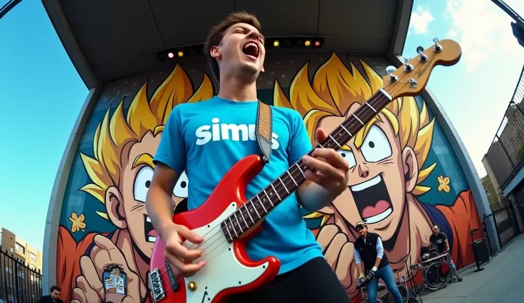 a young male musician who performed on stage with great energy. He is wearing a blue T-shirt that reads "SiMus", which gives the impression of a unique and bold style. He is seen holding an electric guitar while singing energetically, and his facial expres...