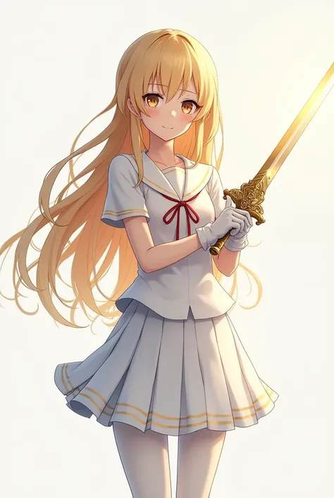 Blonde girl，White short-sleeved school uniform，White pleated skirt，White gloves，white pantyhose，Holding the magic sword￼